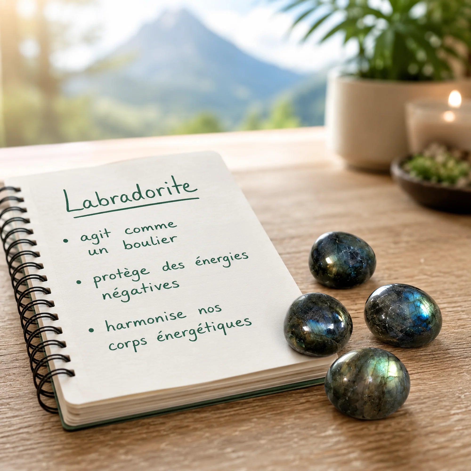 Pierre naturelle labradorite roulée de Madagascar posée sur un bureau à côté d'un carnet présentant ses propriétés en lithothérapie, pierres naturelles aux reflets bleus et dorés dans une ambiance zen.