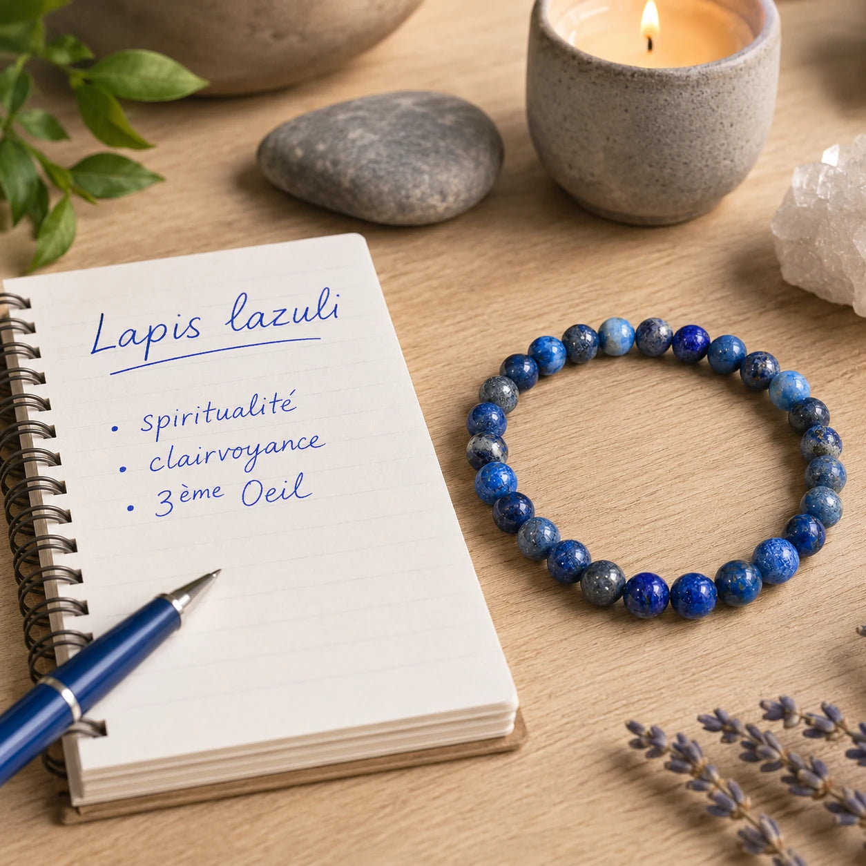 Bracelet en véritable lapis lazuli à perles rondes de 6 mm posé à côté d'un carnet présentant les propriétés traditionnellement associées au lapis lazuli dans une ambiance zen et apaisante.