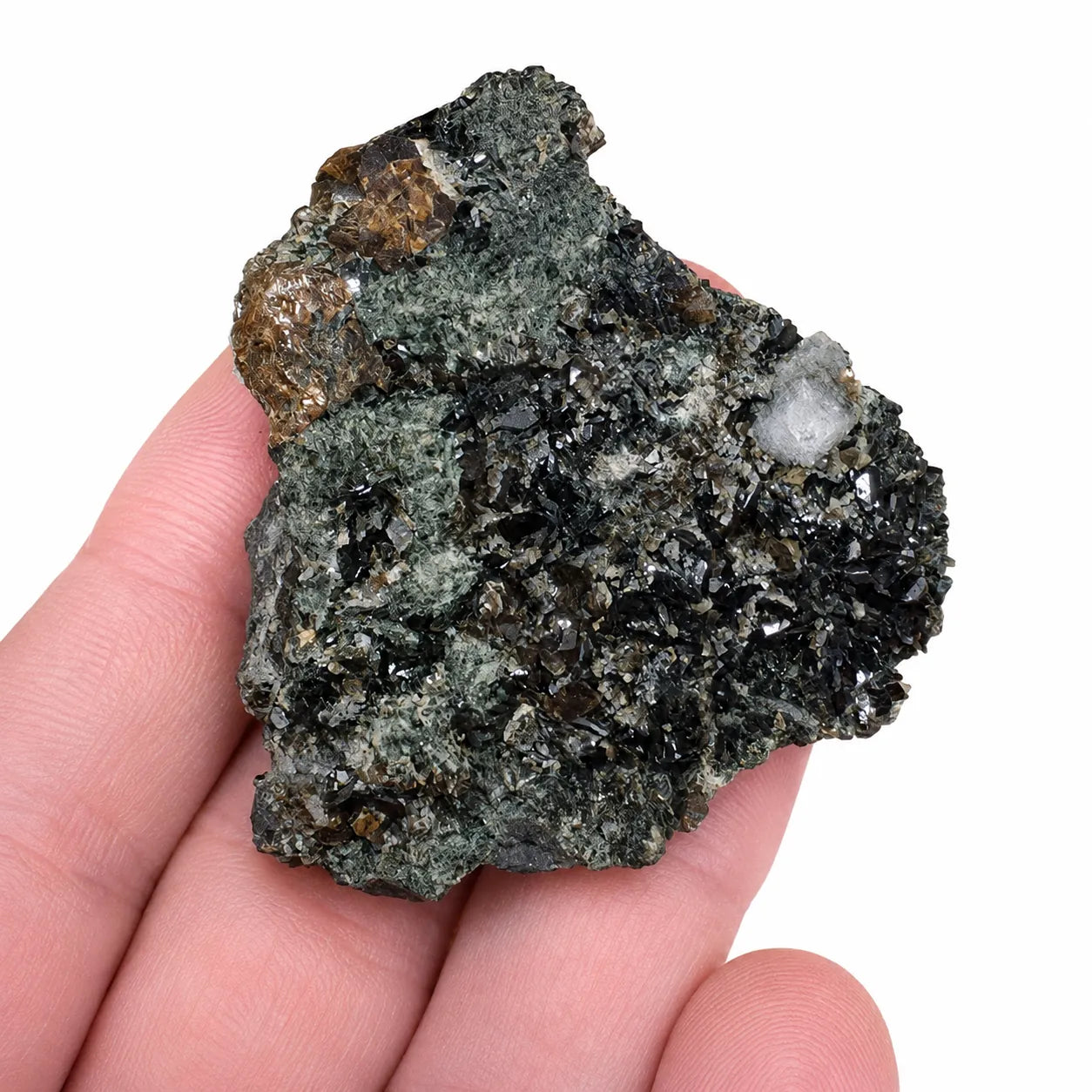 Pierre de collection en association de kulanite, wardite et lazulite de Stoneman Camp, Yukon, Canada, photographiée dans une main afin d'illustrer ses dimensions réelles et sa cristallisation naturelle.