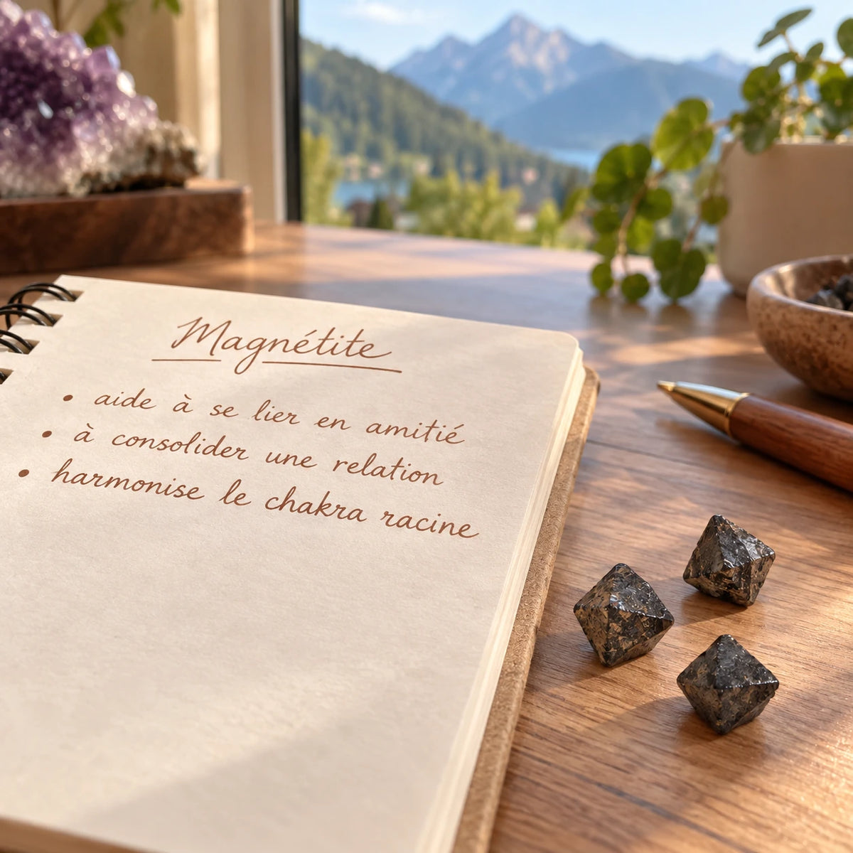 Petits cristaux de magnétite brute du Pérou avec un carnet expliquant les vertus pour ce minéral