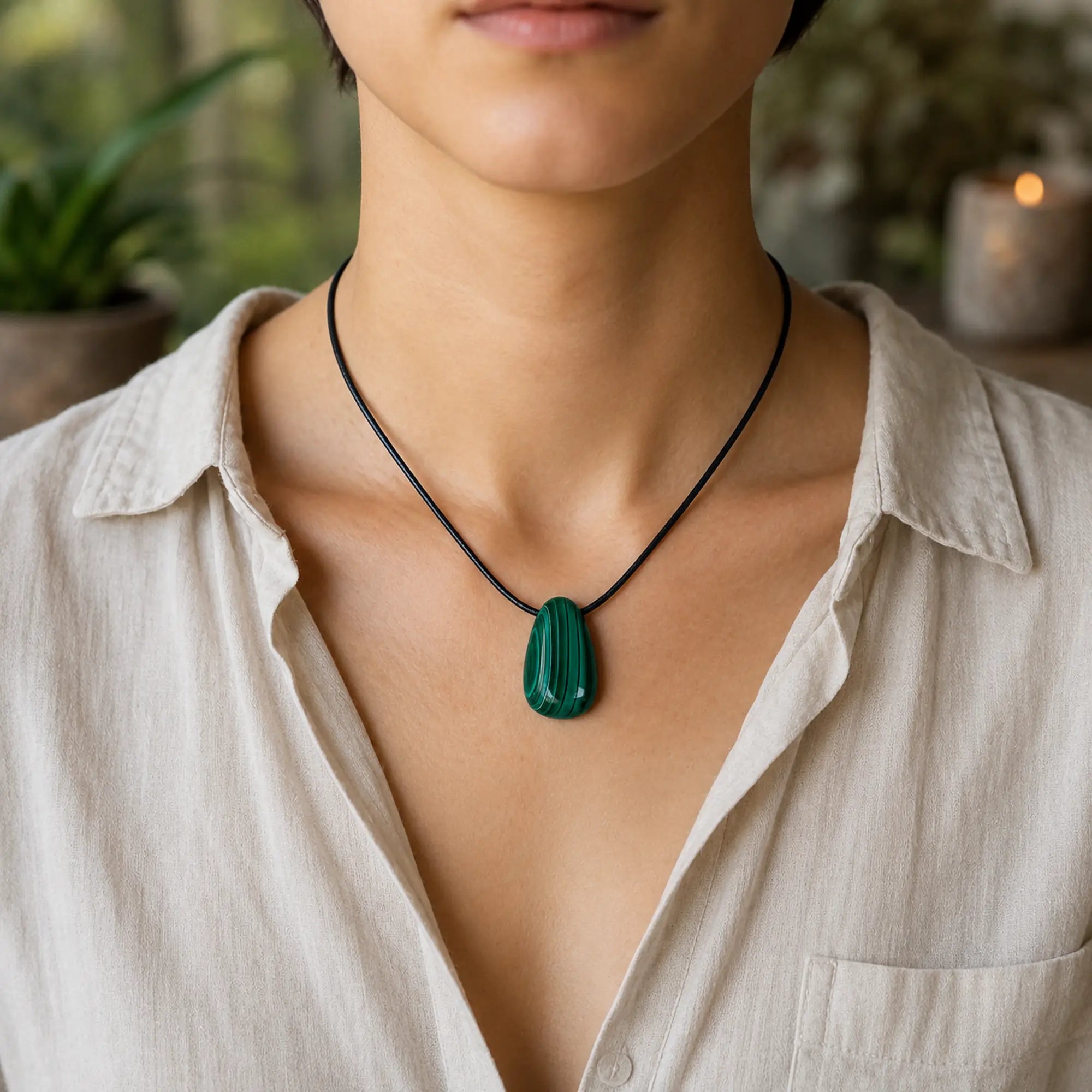 La malachite percée pour être portée en pendentif par les hommes et les femmes