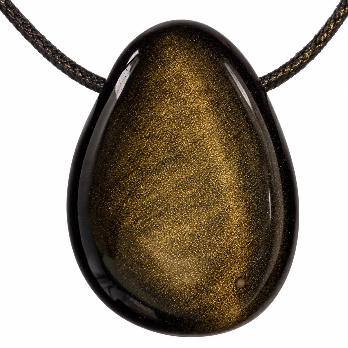 Pendentif goutte en obsidienne dorée du Mexique sur cordon noir, reflets dorés naturels visibles sous la lumière