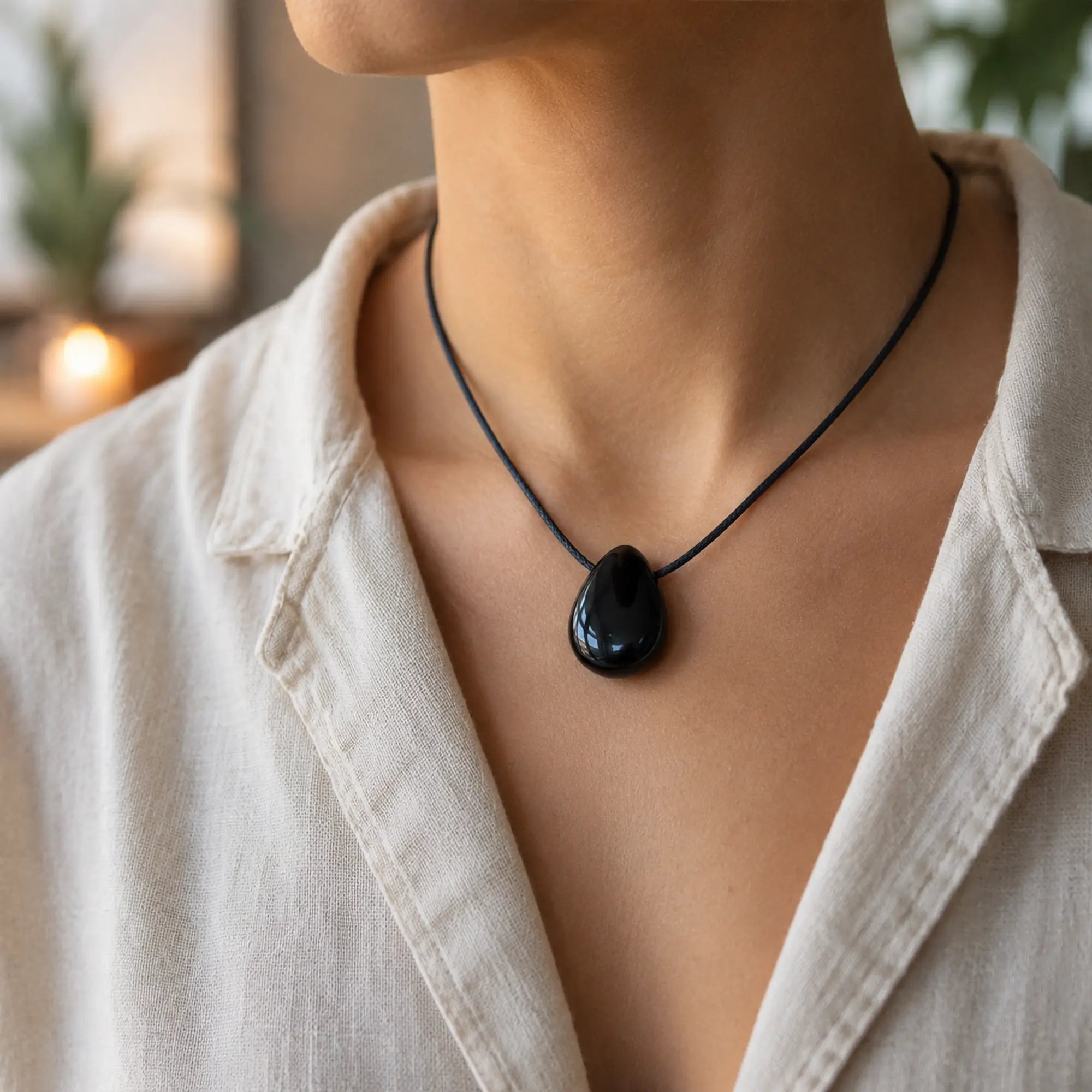 Pendentif obsidienne noire du Mexique porté autour du cou avec cordon noir réglable, pierre percée naturelle polie, bijou de lithothérapie en situation.