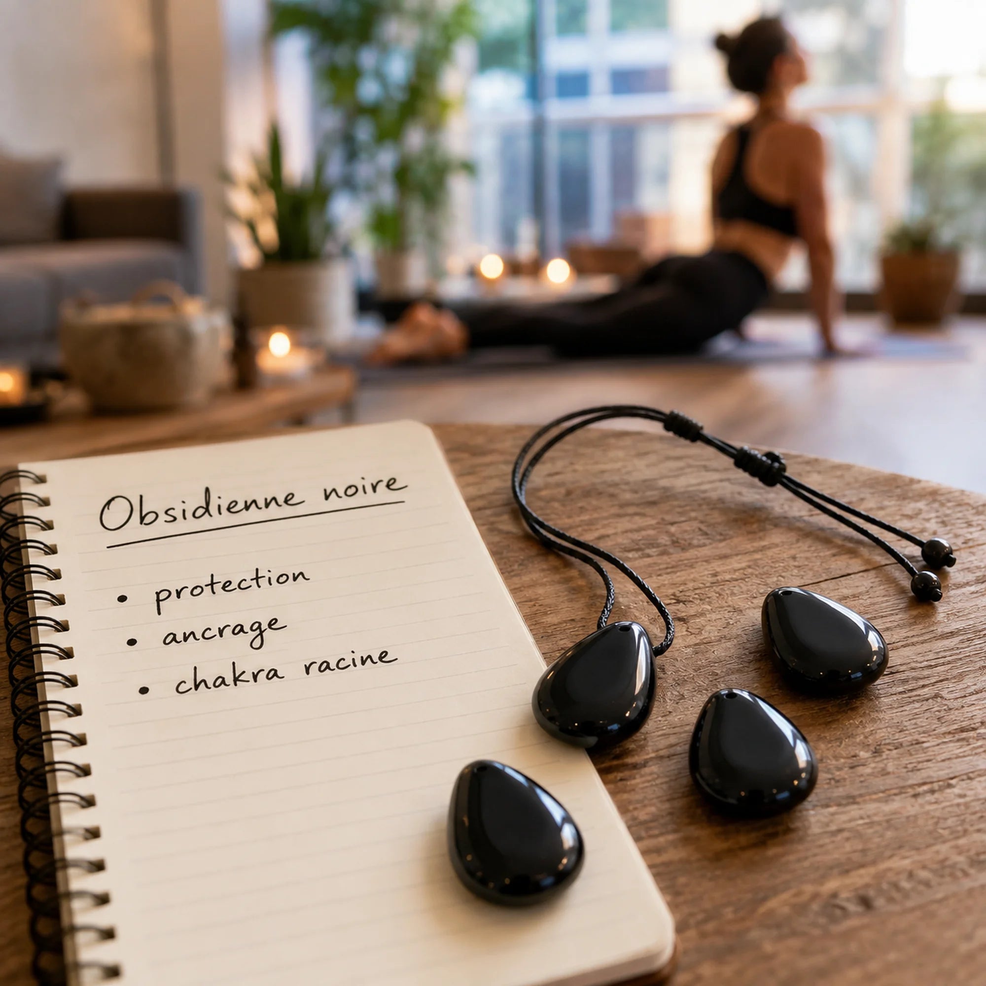 Pendentifs en obsidienne noire du Mexique en pierre percée sur un bureau avec carnet, cordon noir réglable et ambiance zen, bijou naturel de lithothérapie.