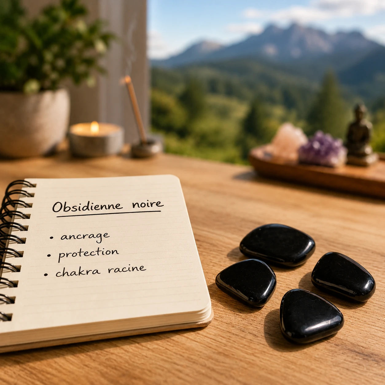 Pierres naturelles obsidienne noire roulée du Mexique posées sur un bureau à côté d'un carnet mentionnant ancrage, protection et chakra racine, dans une ambiance zen avec montagnes en arrière-plan flou.