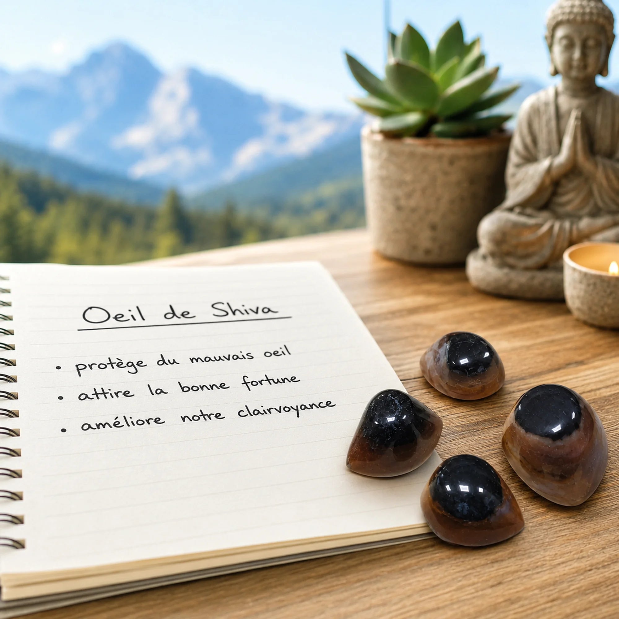 Sardonyx Œil de Shiva naturel – pierre taillée en forme d’œil dans une ambiance zen
