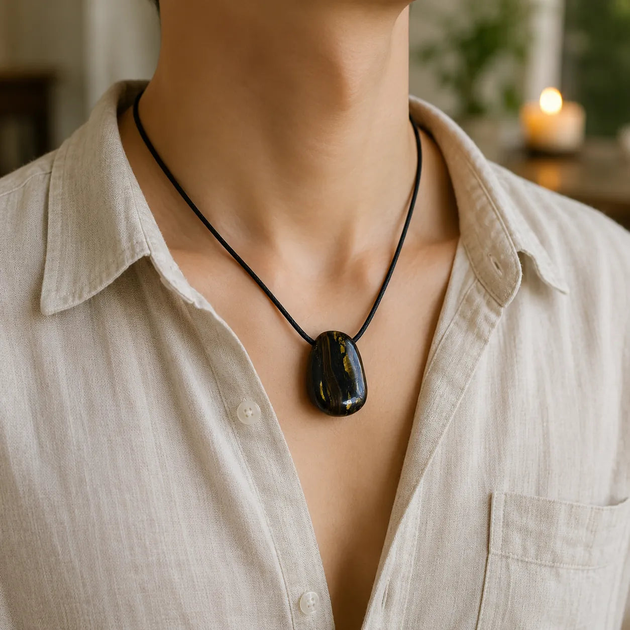 Pendentif œil de fer d'Australie en pierre percée naturelle porté autour du cou sur cordon noir réglable, bijou en pierre naturelle.