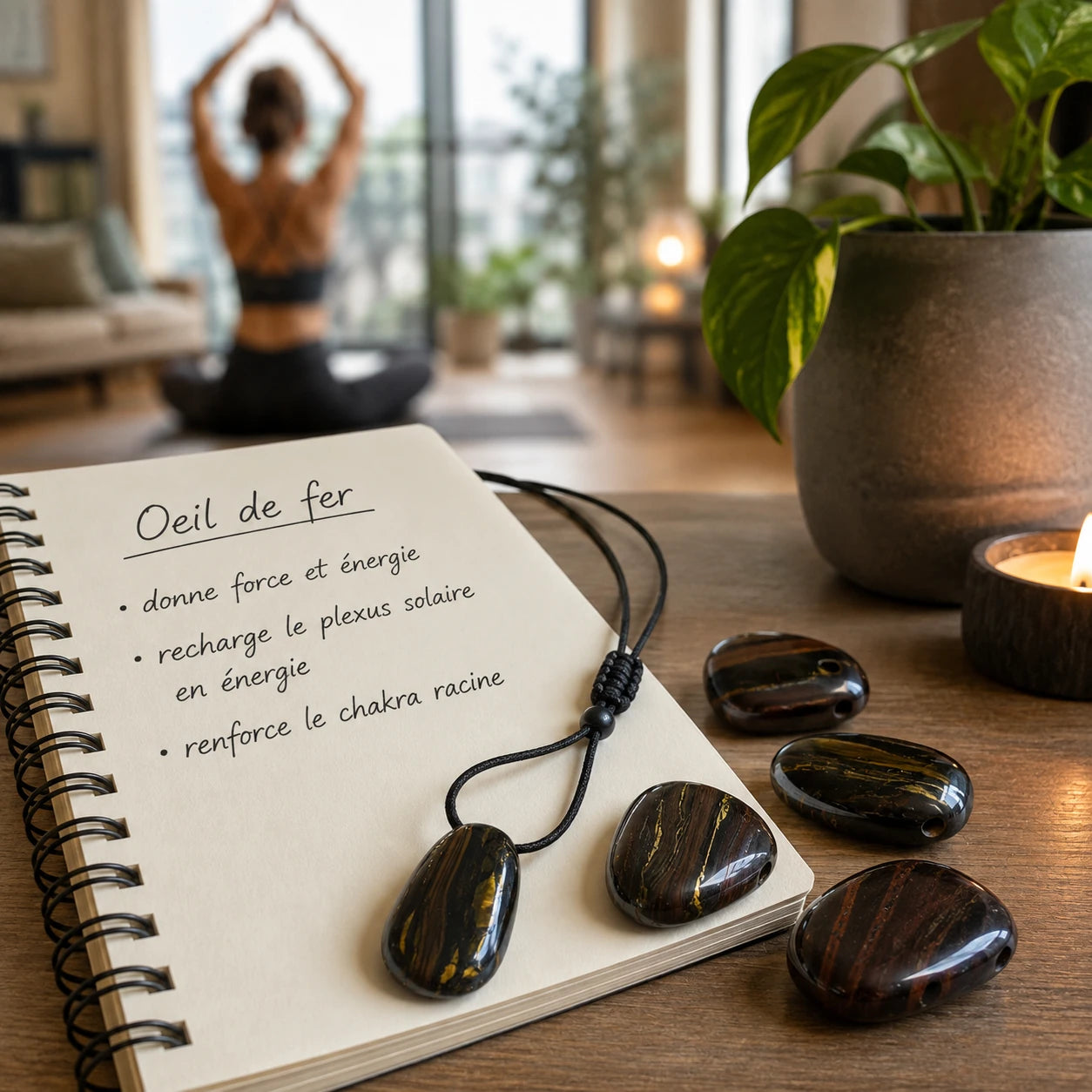 Pendentifs œil de fer d'Australie en pierres percées naturelles sur un carnet dans une ambiance zen, bijoux en pierre naturelle pour le quotidien.