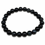 Bracelet en obsidienne œil céleste véritable avec perles rondes de 8 mm, pierre naturelle noire aux reflets arc-en-ciel, bijou artisanal sur fond blanc.
