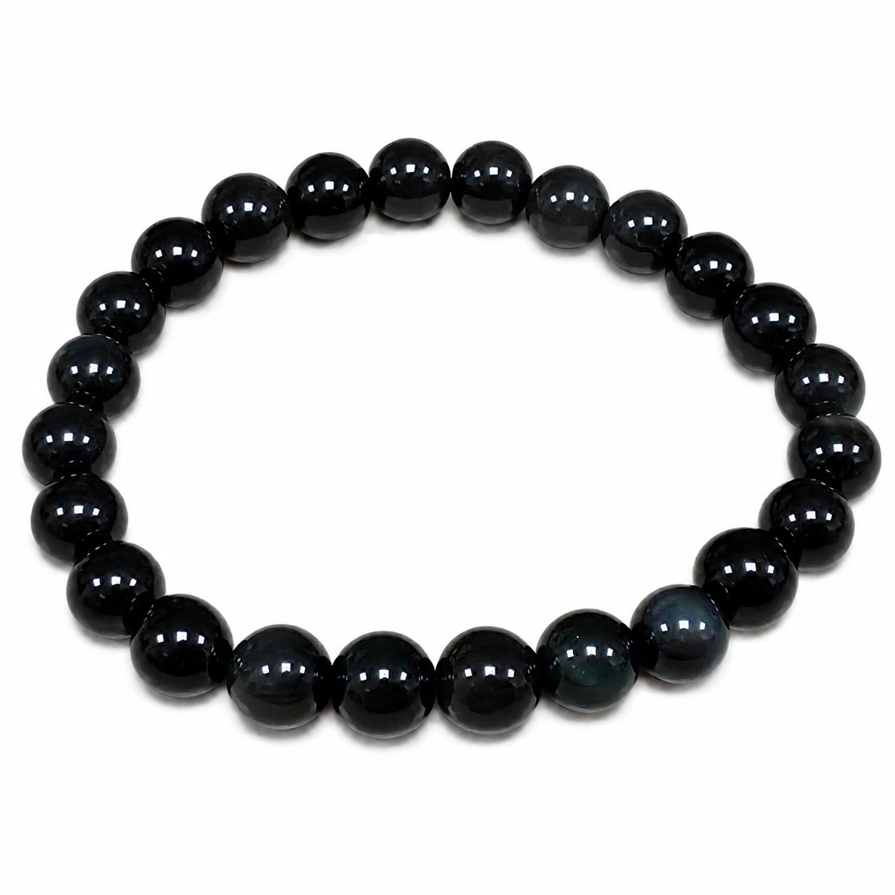 Bracelet en obsidienne œil céleste véritable avec perles rondes de 8 mm, pierre naturelle noire aux reflets arc-en-ciel, bijou artisanal sur fond blanc.