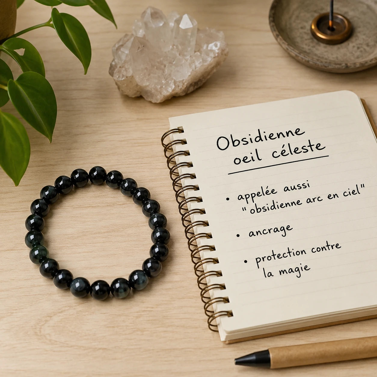 Bracelet en obsidienne œil céleste véritable posé sur un bureau zen à côté d'un carnet présentant les propriétés de l'obsidienne arc-en-ciel, perles rondes de 8 mm en pierre naturelle.