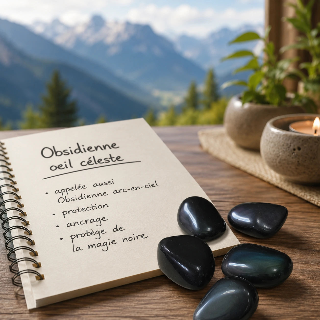 Pierres naturelles obsidienne œil céleste roulées du Mexique présentées sur un bureau à côté d'un carnet décrivant leurs caractéristiques, dans une ambiance zen avec vue sur les montagnes, idéale pour illustrer une pierre de protection et d'ancrage.
