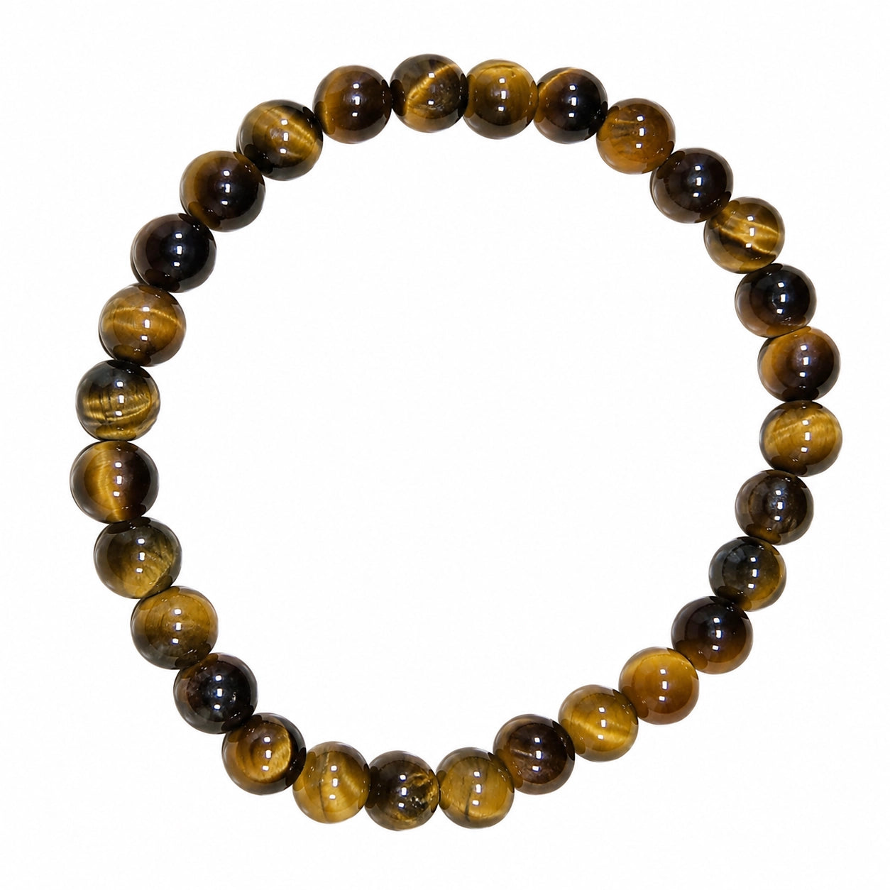 Bracelet Œil de tigre en perles rondes naturelles de 6 mm sur fond blanc, bijou de lithothérapie aux reflets dorés et bruns, photo produit haute définition mettant en valeur les couleurs authentiques de la pierre naturelle.