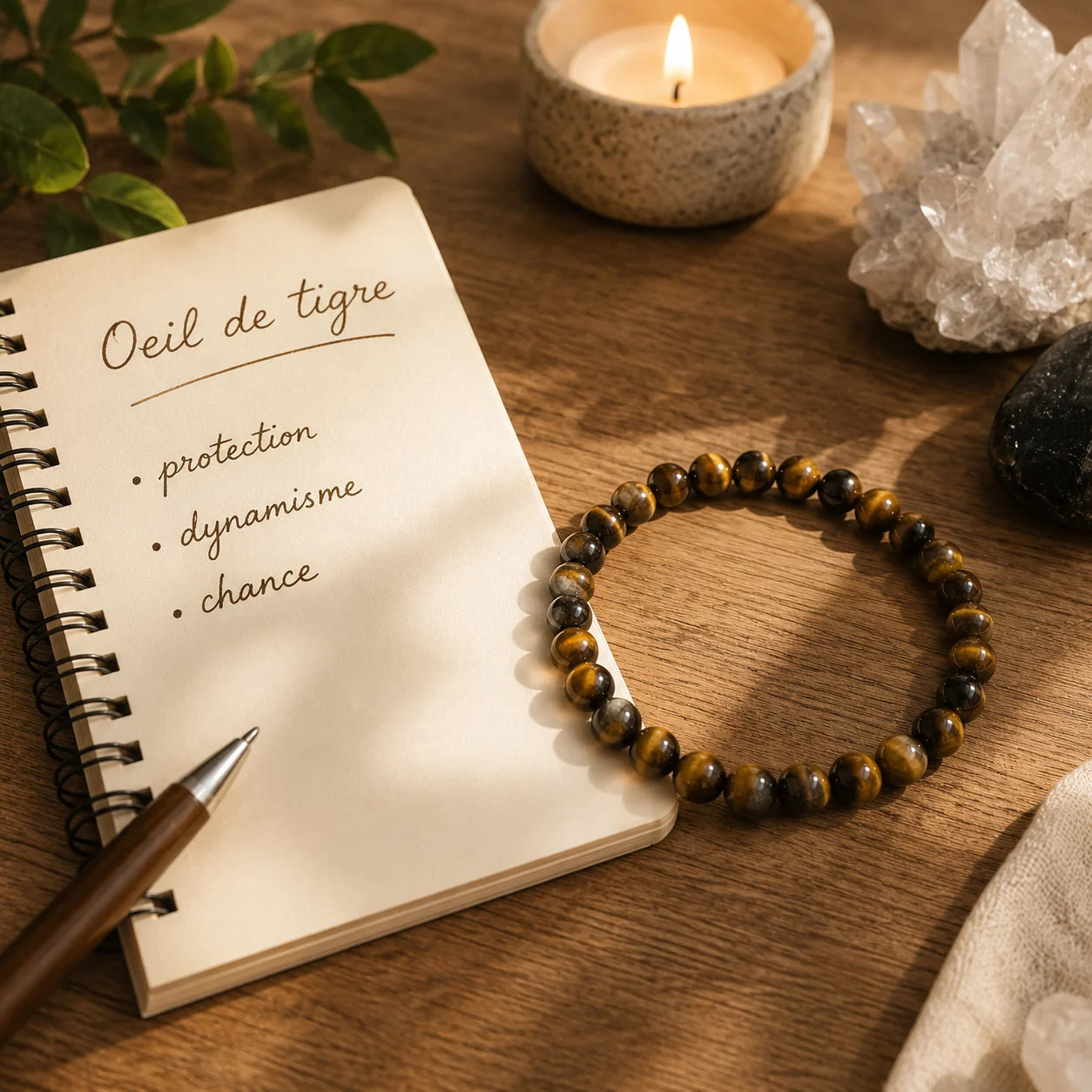 Bracelet Œil de tigre en perles rondes de 6 mm posé sur un bureau en bois à côté d'un carnet présentant les vertus de protection, dynamisme et chance, dans une ambiance zen avec bougie et cristaux naturels.