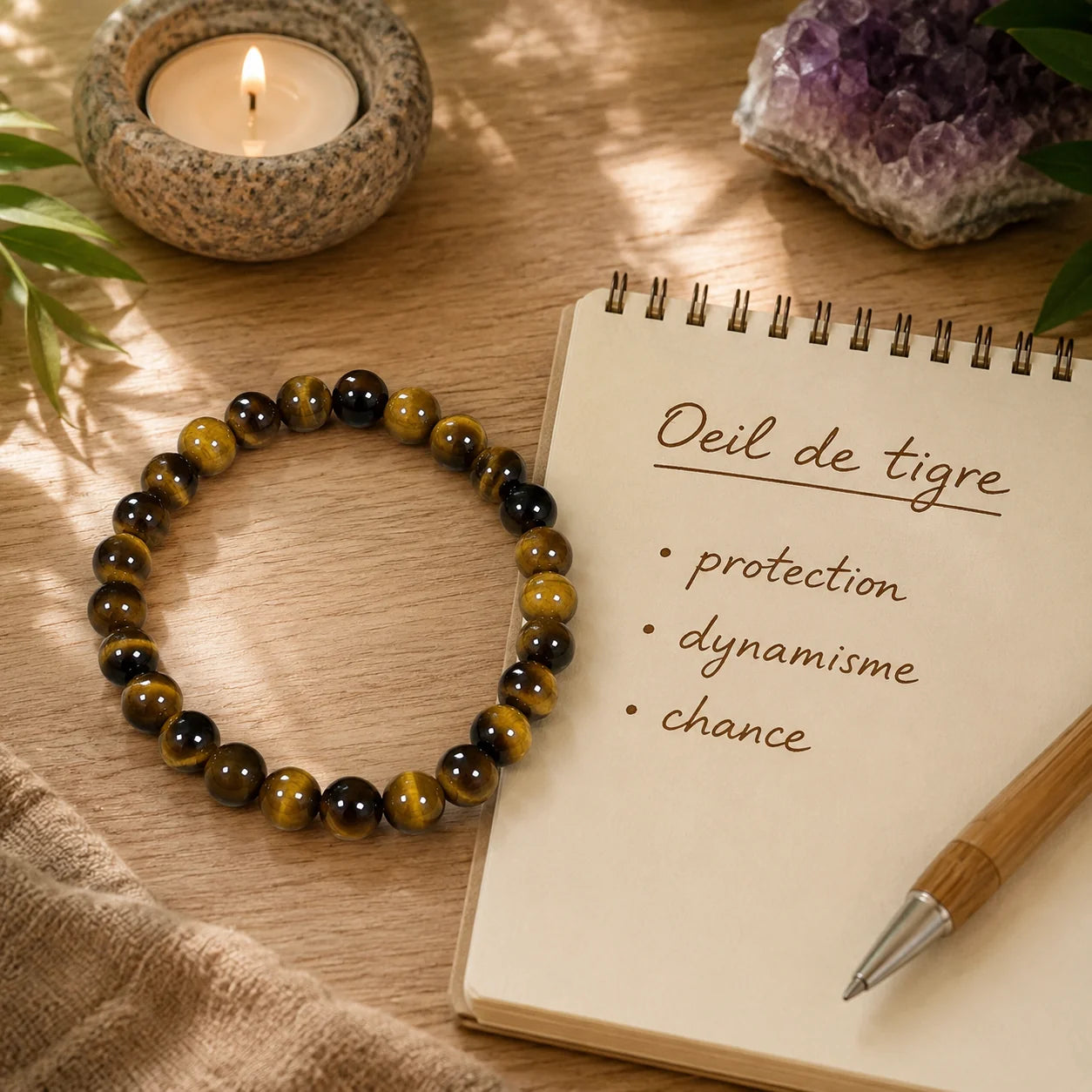 Bracelet en véritable Œil de tigre en perles rondes de 8 mm posé près d'un carnet présentant les mots protection, dynamisme et chance, dans une ambiance apaisante avec bougie et minéraux naturels.
