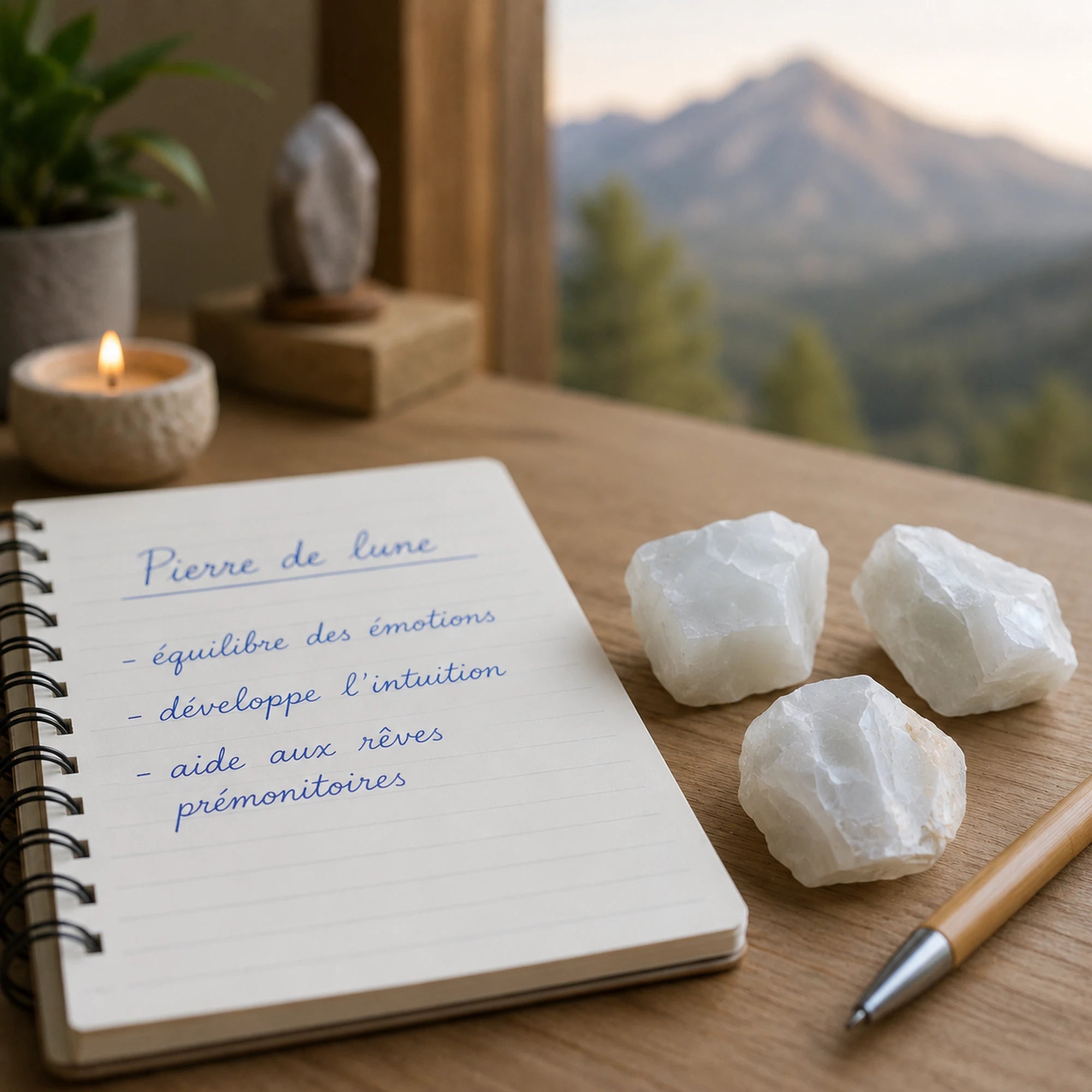 Trois pierres de lune brutes d'Inde posées sur un bureau en bois à côté d'un carnet présentant leurs propriétés en lithothérapie, dans une ambiance zen avec montagne en arrière-plan.