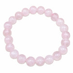 Bracelet en véritable quartz rose composé de perles rondes naturelles de 8 mm, pierre authentique aux nuances rose pâle, présenté sur fond blanc pour mettre en valeur la qualité des perles.