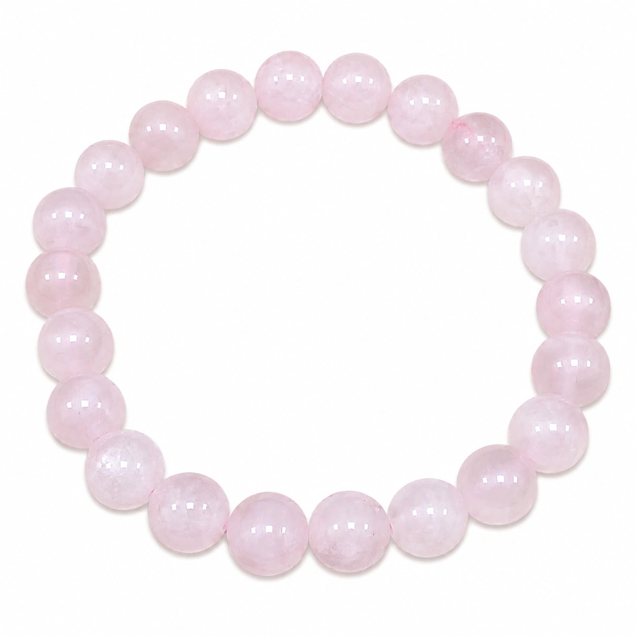 Bracelet en véritable quartz rose composé de perles rondes naturelles de 8 mm, pierre authentique aux nuances rose pâle, présenté sur fond blanc pour mettre en valeur la qualité des perles.
