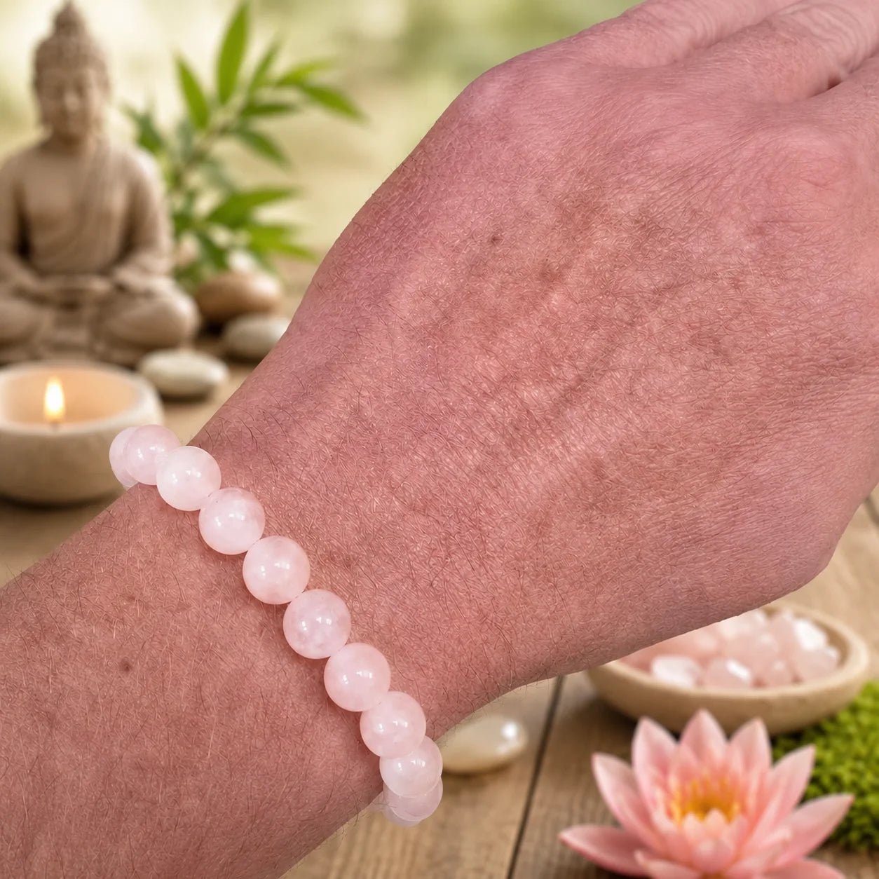 Bracelet en véritable quartz rose de 8 mm porté au poignet dans une ambiance zen, mettant en valeur les perles naturelles, leur éclat délicat et leur douce couleur rose.