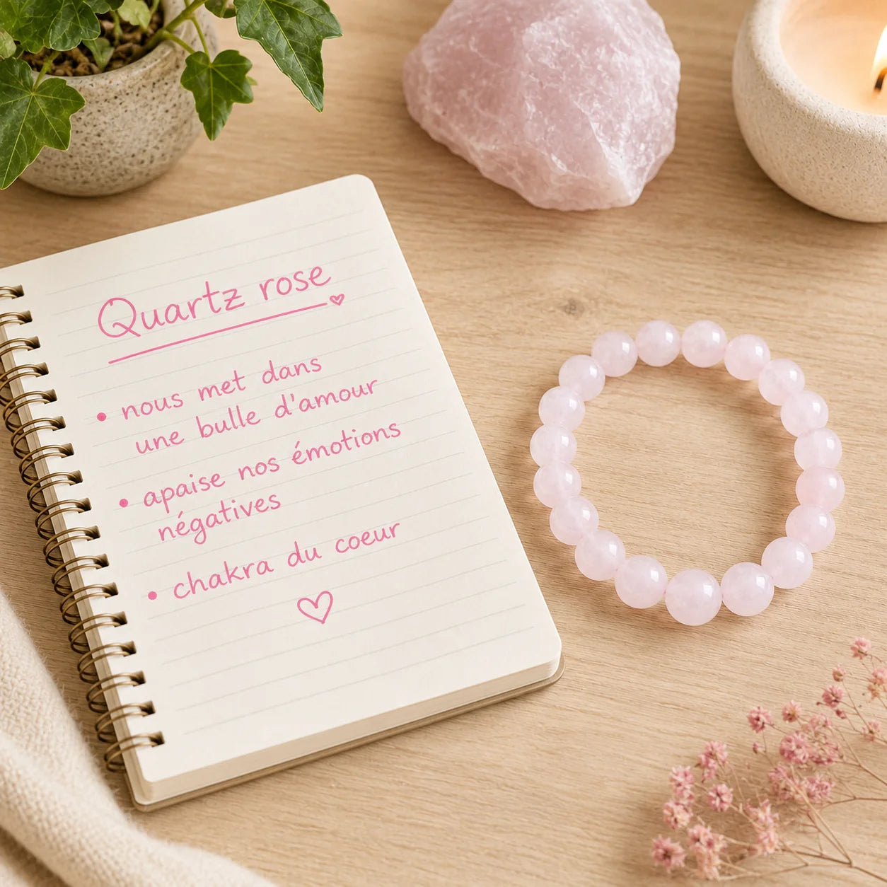 Bracelet en véritable quartz rose à perles rondes de 8 mm posé sur un bureau en bois à côté d'un carnet présentant les vertus traditionnelles du quartz rose, lié au chakra du coeur