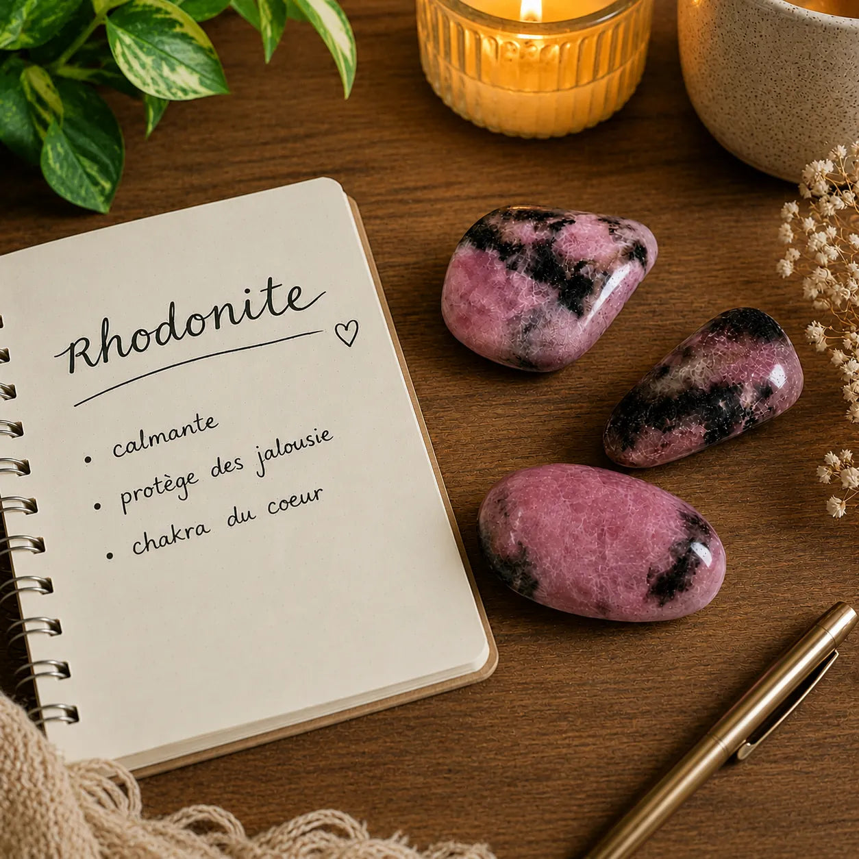 Les vertus de la rhodonite sont calmante, qui protège des jalousies et équilibre la chakra du coeur