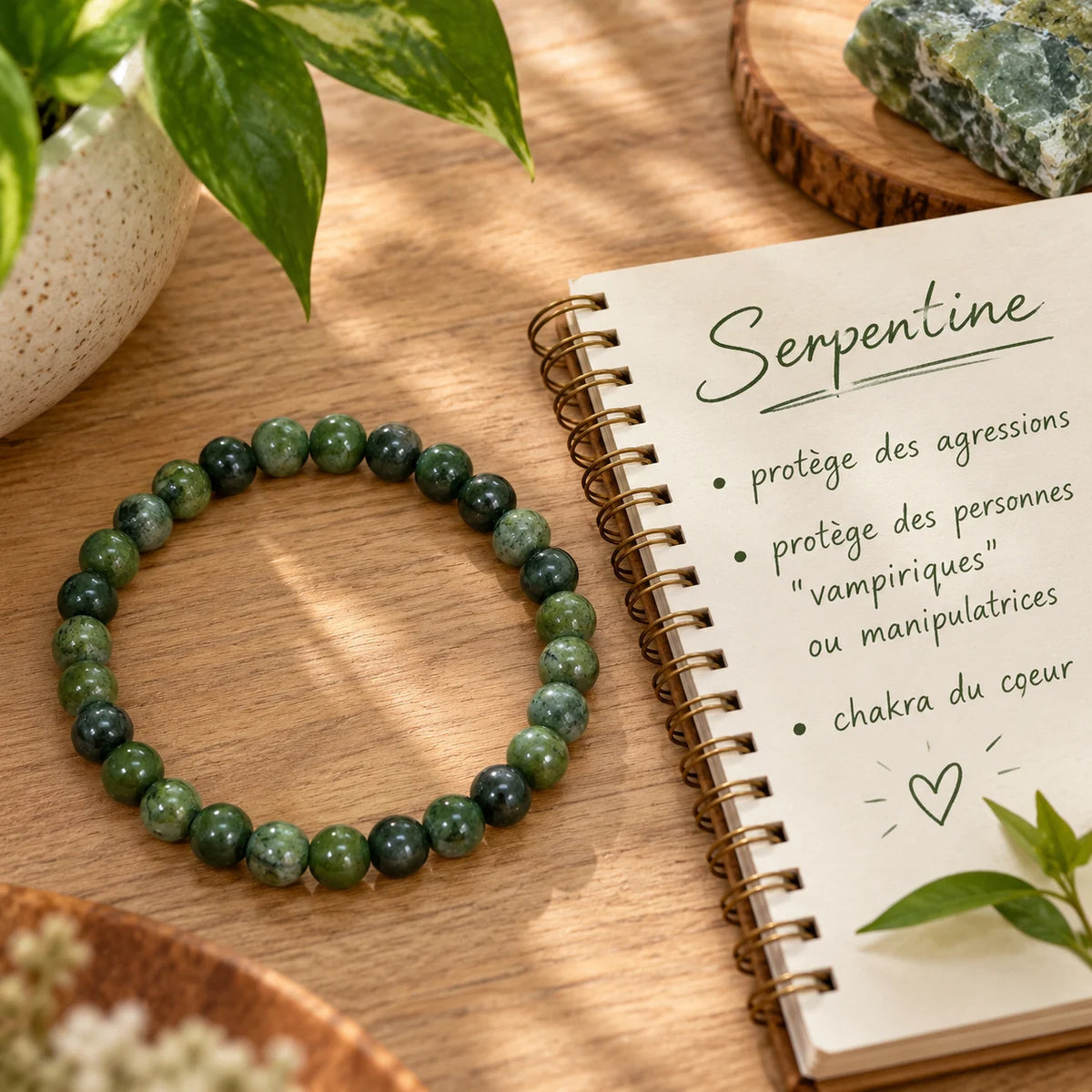 Bracelet de perles vertes en serpentine posé sur une table en bois, près d’un carnet et de plantes