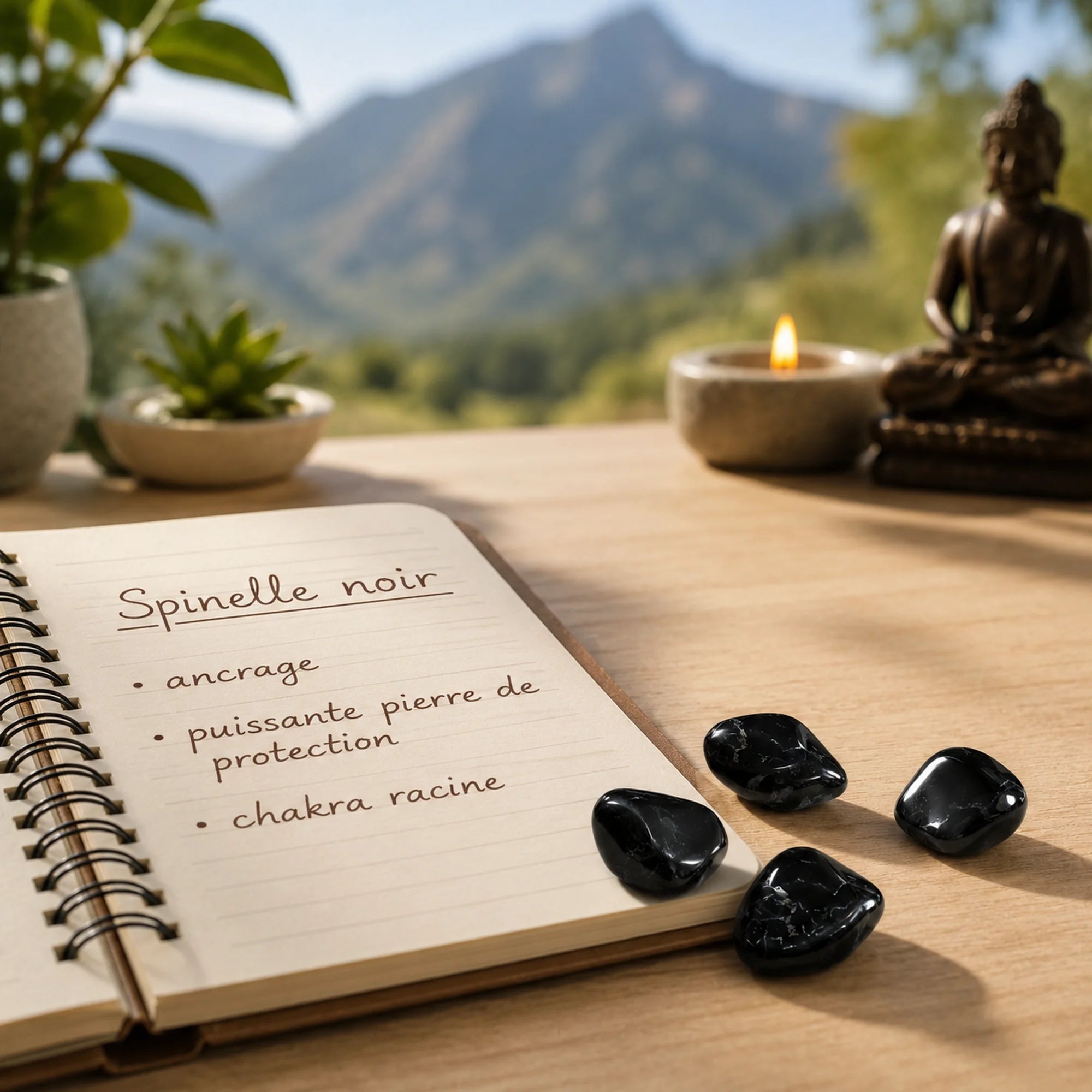 Pierres naturelles spinelle noir roulées de Chine posées sur un bureau à côté d'un carnet présentant leurs propriétés, dans une ambiance zen avec montagne en arrière-plan flou, photo d'inspiration pour la lithothérapie.