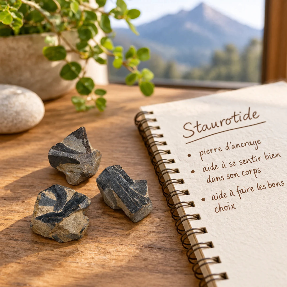 Trois petites staurotides brutes posées sur un bureau en bois près d’un carnet consacré à leur symbolique en lithothérapie