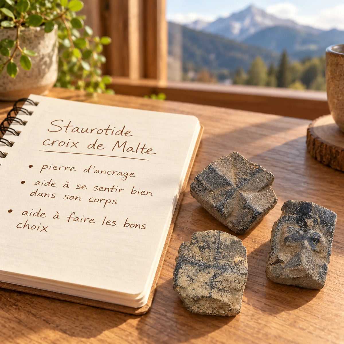 Trois staurotides brutes de Bretagne, pierres naturelles croix de Malte, posées sur un bureau en bois à côté d'un carnet manuscrit dans une ambiance zen avec vue sur les montagnes.