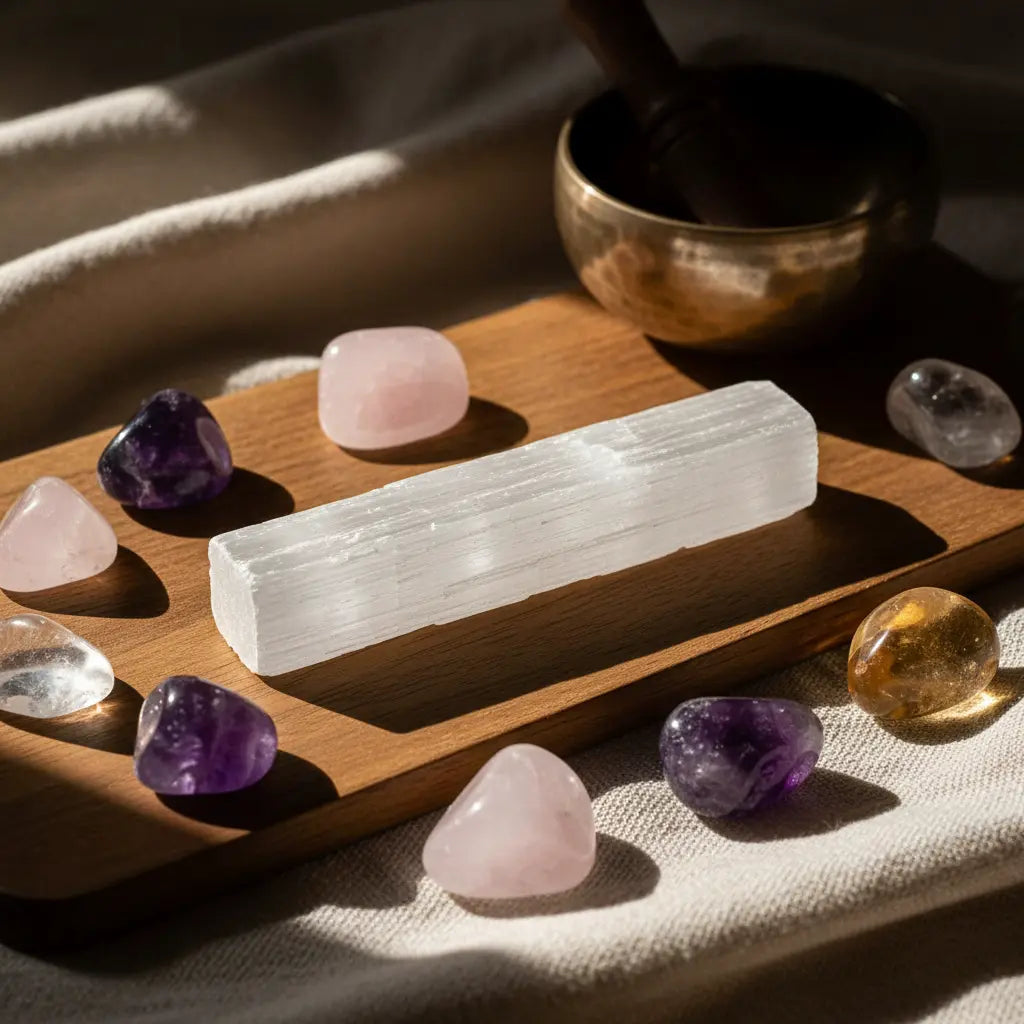 Baton de selenite - gypse fibreux - Pierre polie - CRISTAL SOURCES