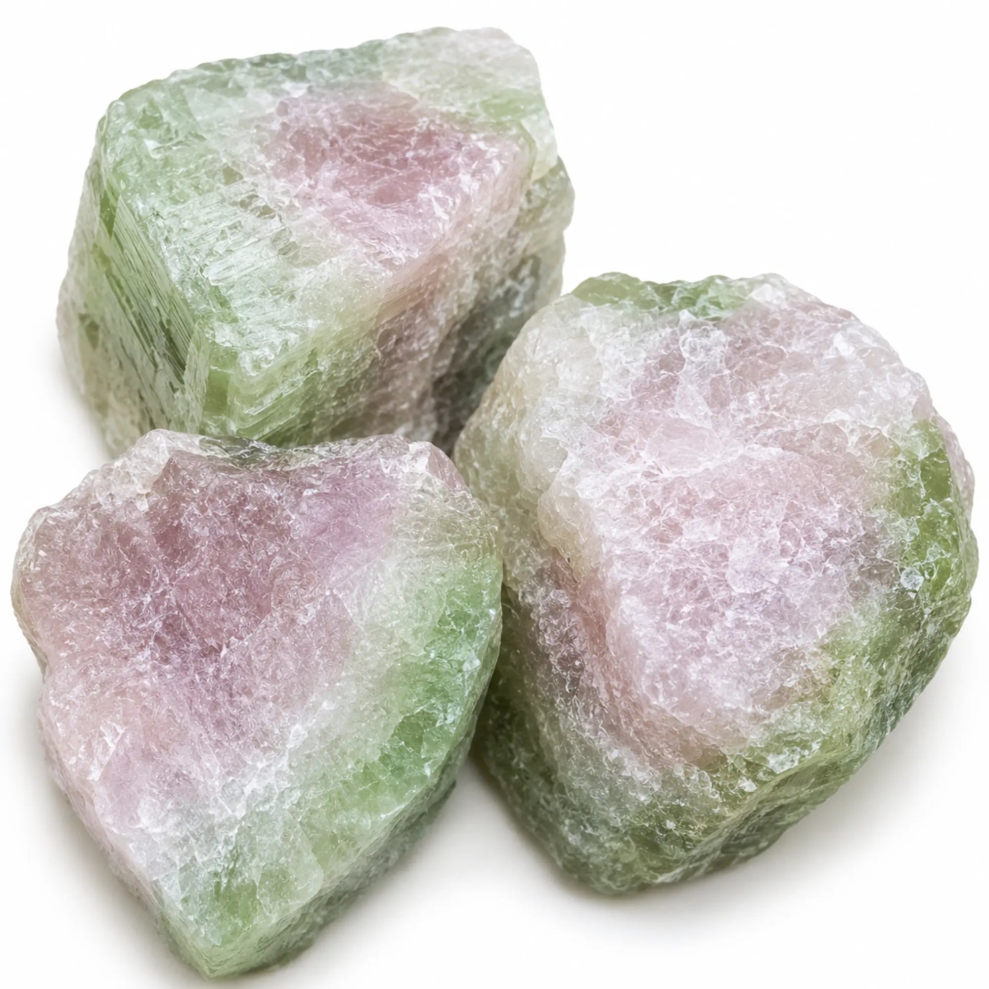 Gros plan sur trois tourmalines melon d'eau brutes du Brésil révélant leur cristallisation naturelle et leurs teintes rose, verte et blanche, petites pierres naturelles destinées à la collection et à la lithothérapie.