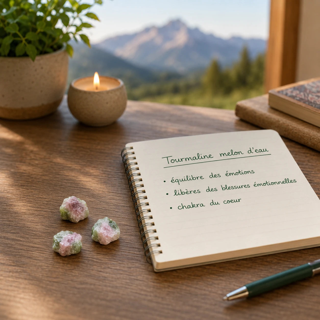 Trois tourmalines melon d'eau brutes du Brésil posées sur un bureau en bois à côté d'un carnet, petites pierres naturelles de 1 à 2 cm dans une ambiance zen mettant en valeur leurs couleurs authentiques.