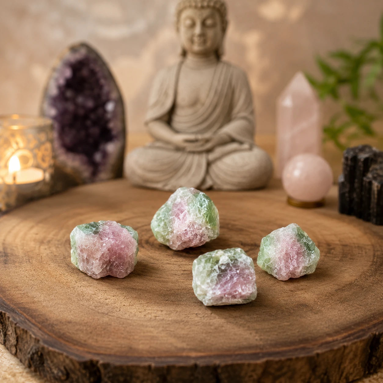 Quatre tourmalines melon d'eau brutes du Brésil présentées sur un autel de méditation avec une statue de Bouddha et des minéraux en arrière-plan, petites pierres naturelles aux couleurs fidèles dans une ambiance apaisante.