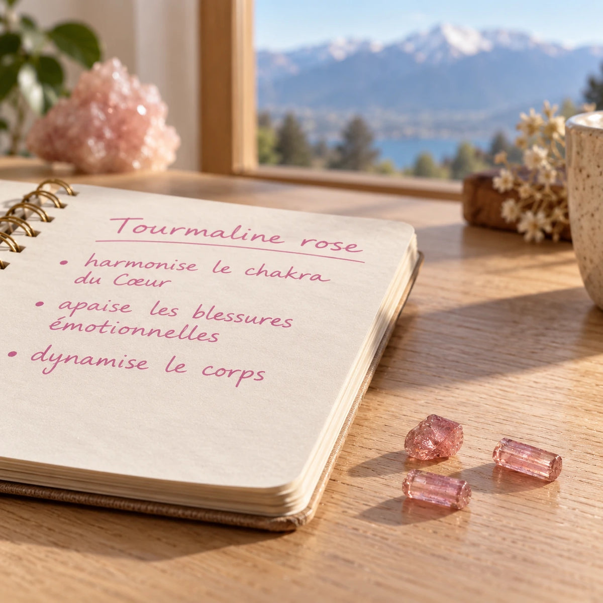 Tourmaline rose petit cristal brut rubellite de Madagascar posée sur un bureau à côté d’un carnet, présentation naturelle et apaisante