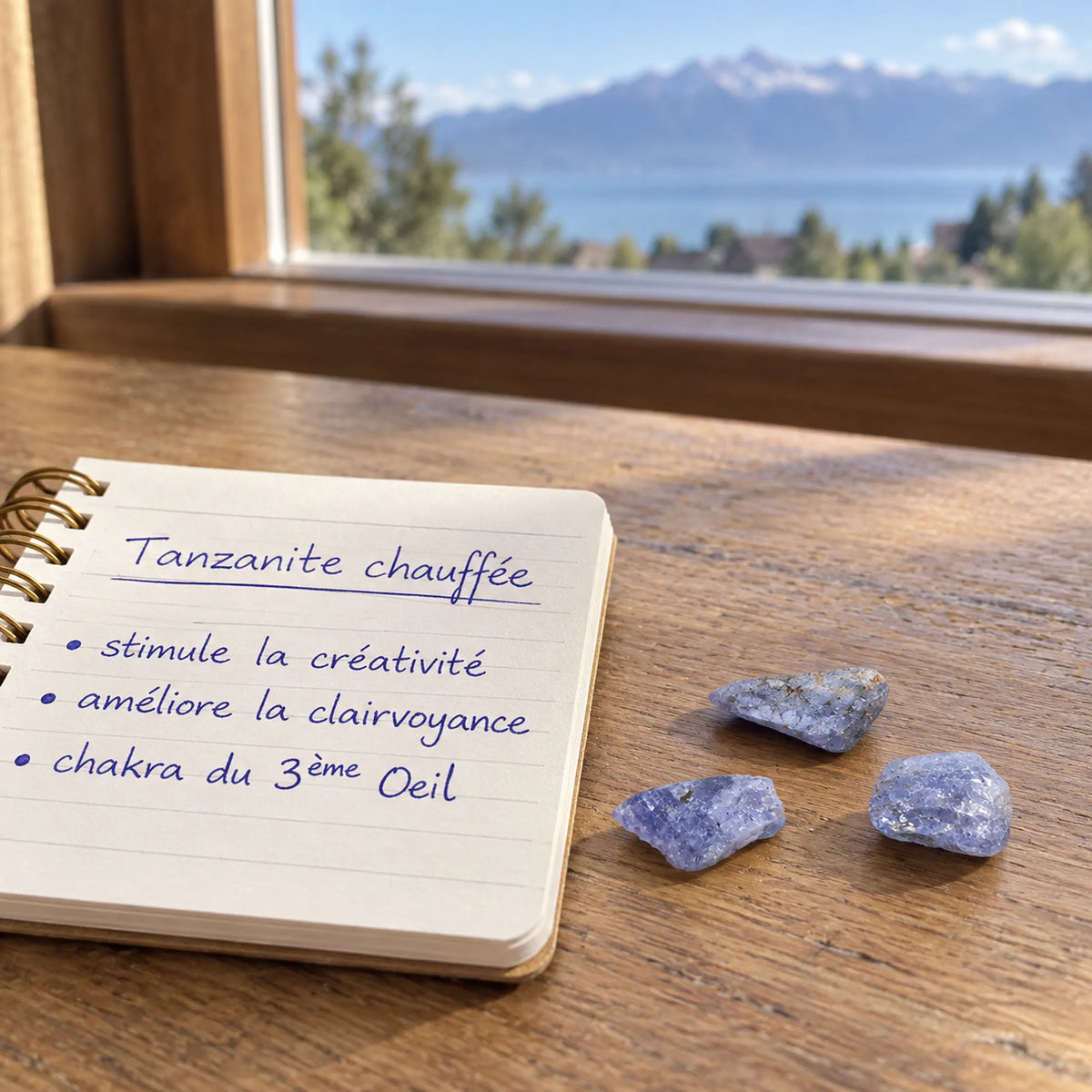 Trois petites pierres brutes de tanzanite chauffée de Tanzanie sur un bureau, à côté d’un carnet manuscrit avec ses vertus