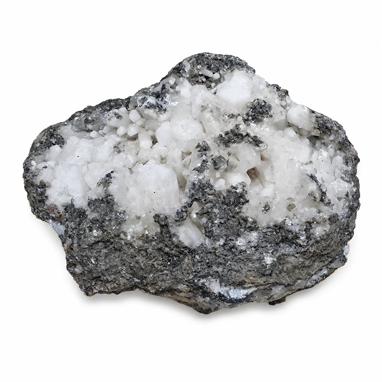 Pierre de collection rare Tarnowitzite sur gangue minérale de Touissit au Maroc, cristaux naturels blancs et gris sur matrice rocheuse.