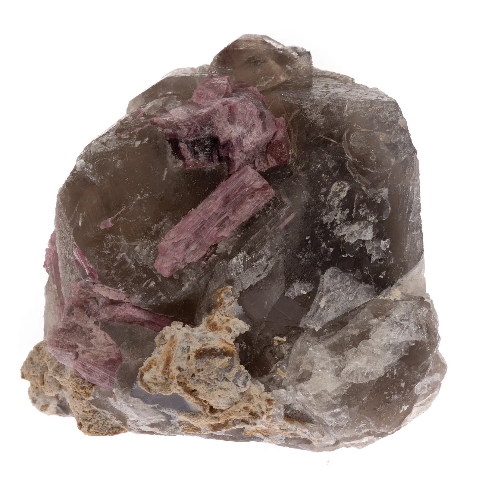 Tourmaline rose cristaux sur quartz fumé biterminé Brésil vue principale