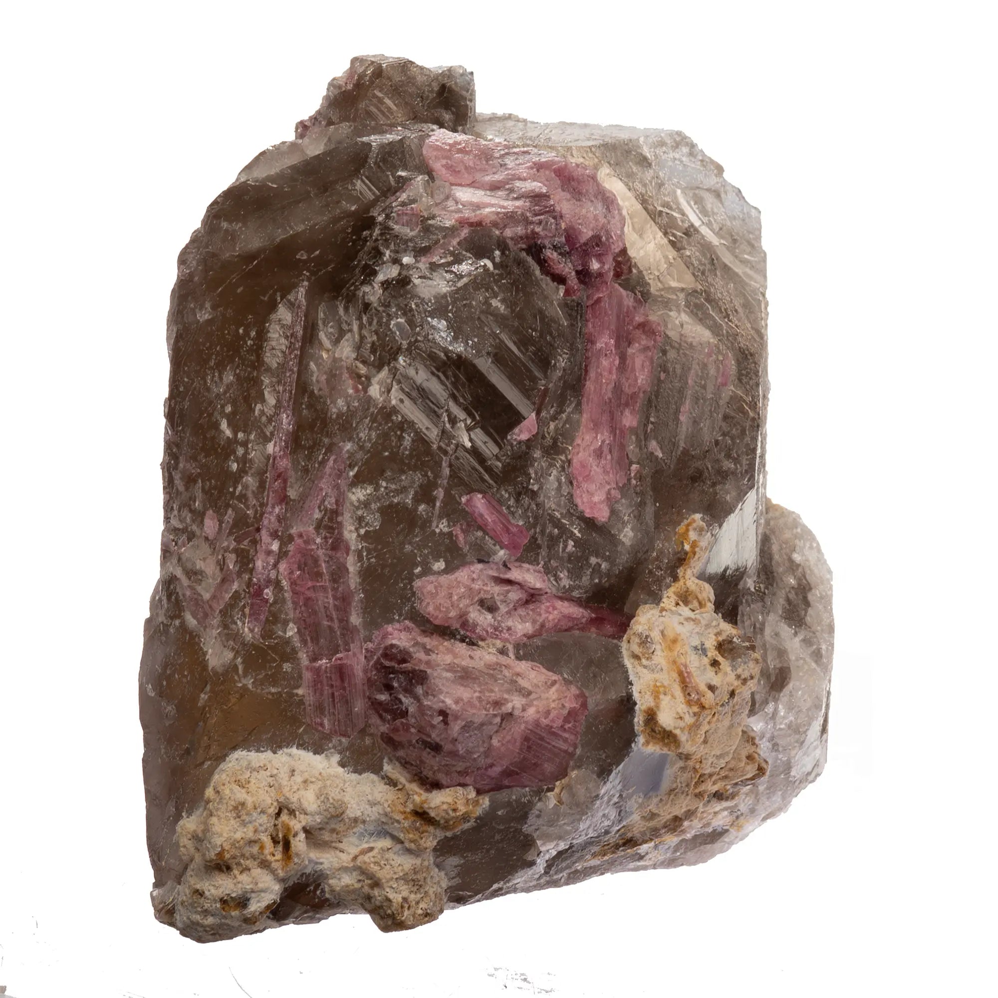 Tourmaline rose cristaux sur Quartz fumé biterminé - Brésil - 600gr