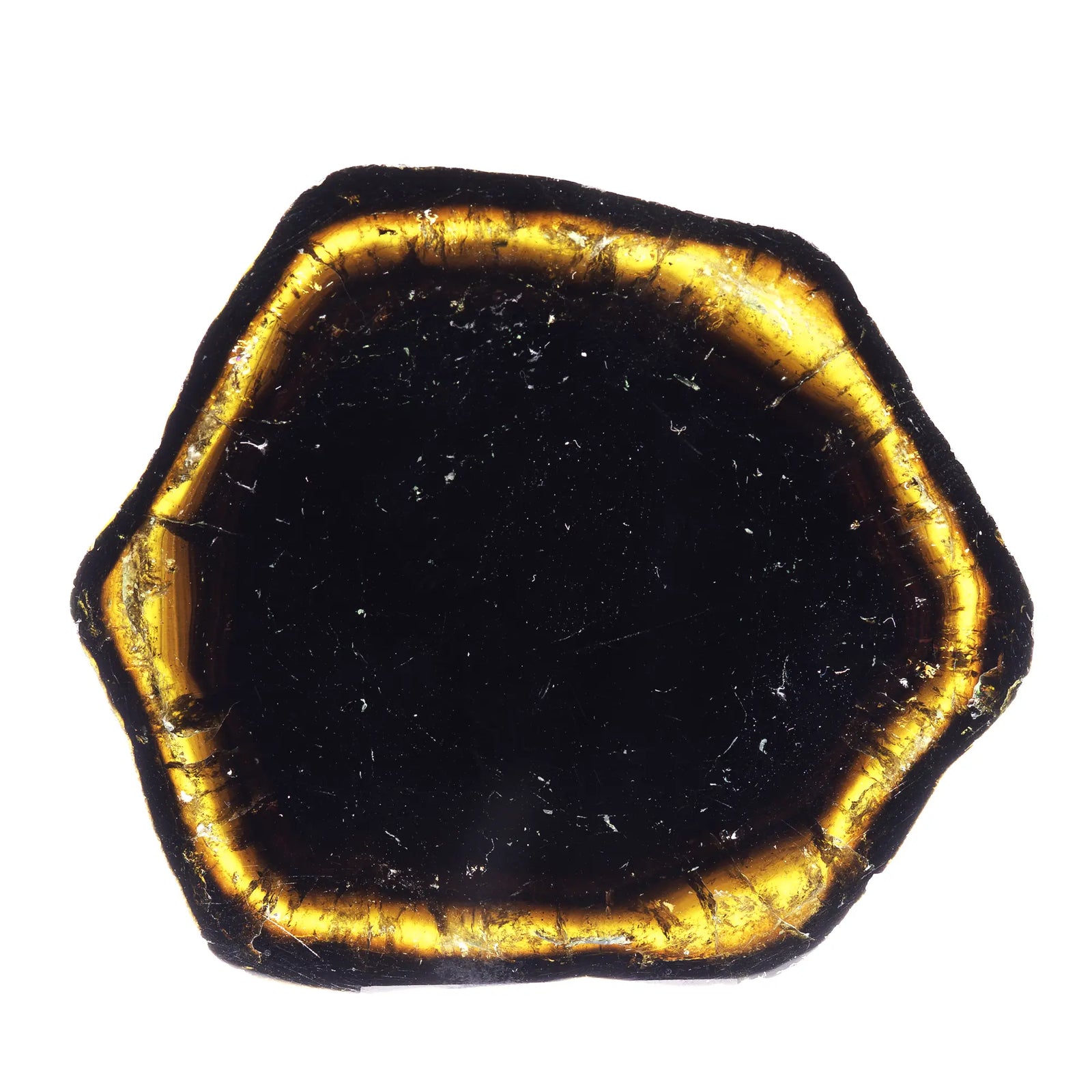 Tranche de tourmaline verte polie des deux côtés avec centre vert sombre et bande translucide, Madagascar.